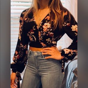 Floral wrap back tie top